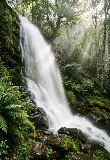 Cascada de Sotillo en Sanabria rodeada de vegetación.