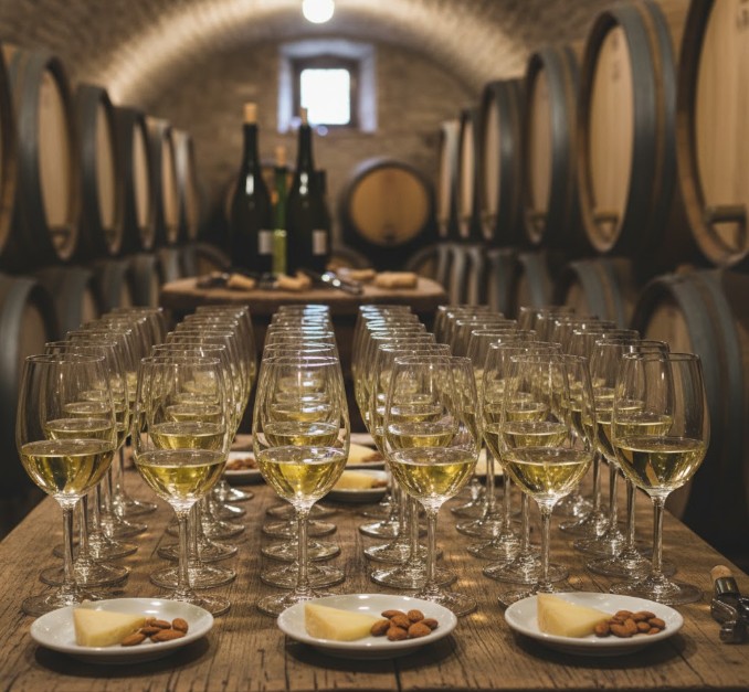 Mesa de cata con varias copas de vino blanco Verdejo en una bodega de Rueda