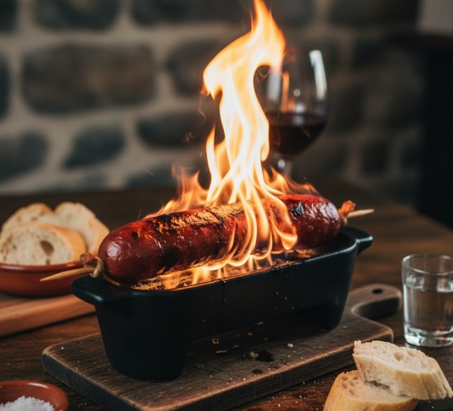 Chouriço Assado cocinándose en la mesa con fuego de aguardente