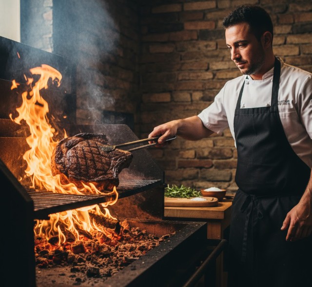 Cocinero preparando una Posta Mirandesa en una parrilla de brasa