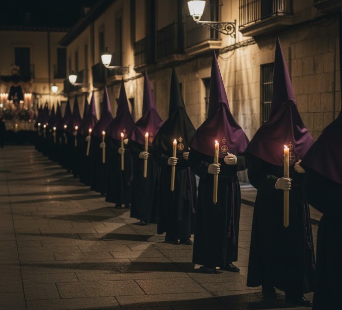 Cofrades con capuchones altos procesionando en silencio por la noche.