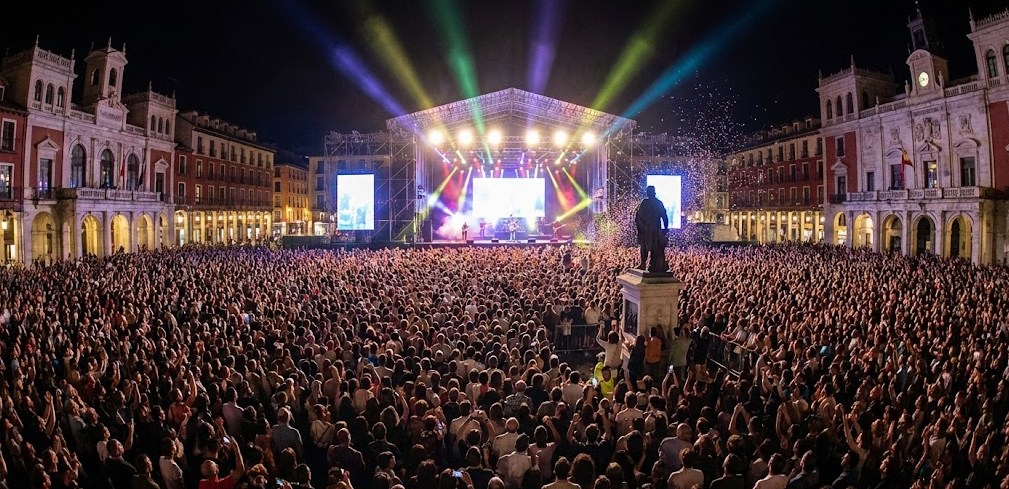 Plaza Mayor de Valladolid abarrotada de gente durante un concierto nocturno al aire libre, con un escenario iluminado al fondo.