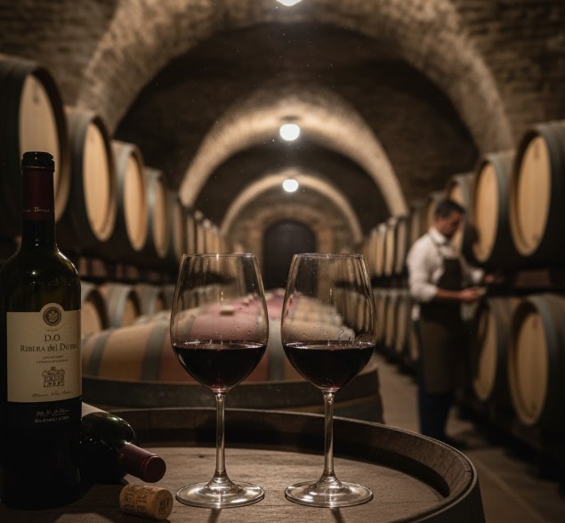 Copas de vino Ribera del Duero en una sala de barricas
