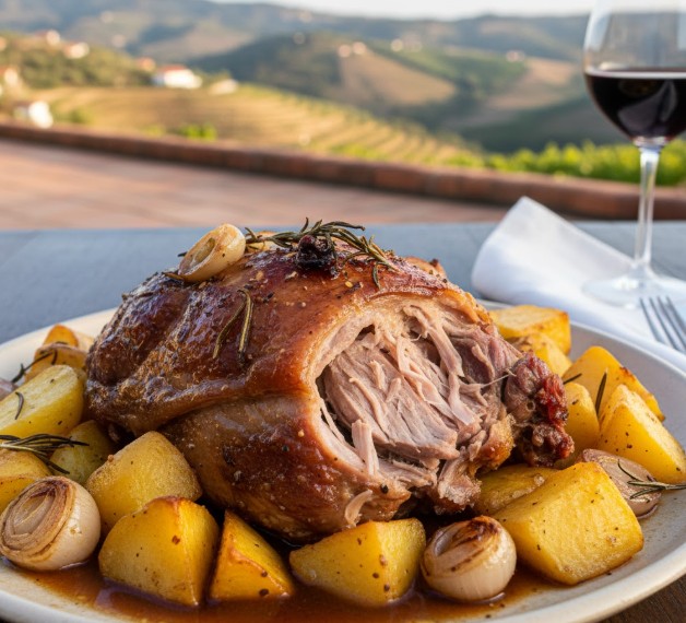 Plato de cordero asado con patatas, gastronomía típica de la región de Mesão Frio.