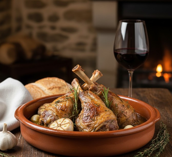 Plato de cordero lechal asado en cazuela de barro, con piel crujiente y carne tierna, especialidad de San Esteban de Gormaz.