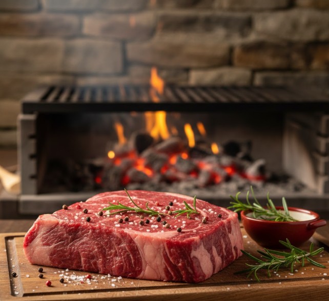 Corte grueso de carne cruda de Posta Mirandesa listo para la brasa