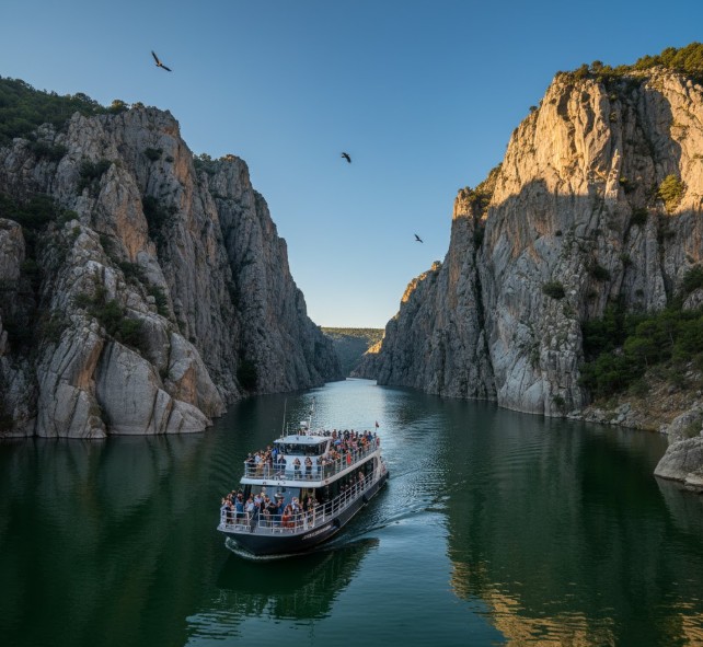 Barco del Crucero Ambiental navegando por el Cañón del Duero en Miranda do Douro