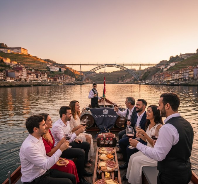 Degustación de vino de Oporto a bordo de un barco en el río Duero.