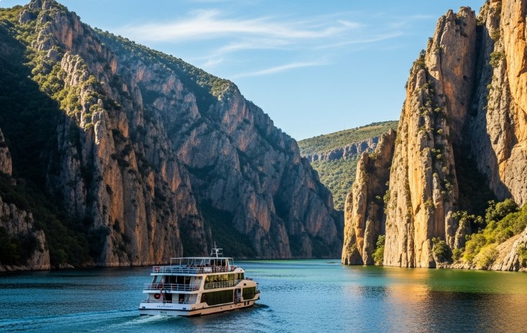 Barco del crucero fluvial navegando por el fondo del Cañón del Duero