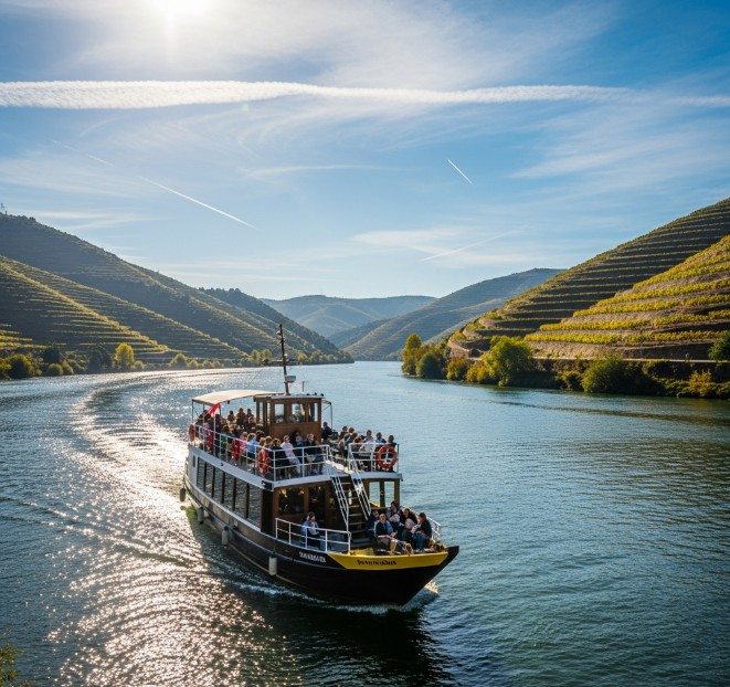 Barco turístico en el Duero portugués navegando junto a los viñedos en terrazas (socalcos).