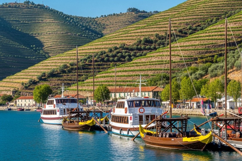 Barcos rabelos amarrados en el muelle de Pinhão con viñedos al fondo.