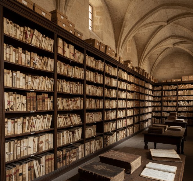 Antiguos legajos y documentos históricos en las estanterías de Simancas