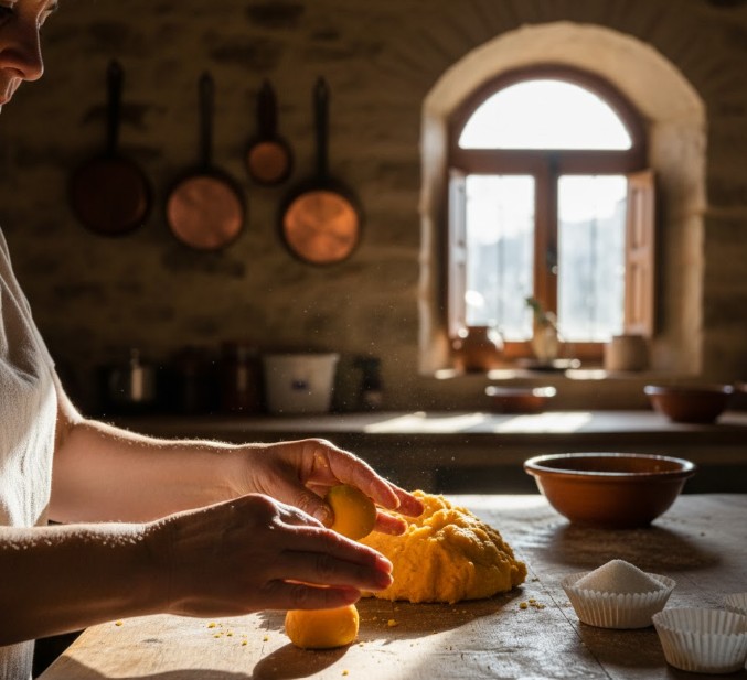 Proceso artesanal de elaboración de las yemas, boleando la masa.