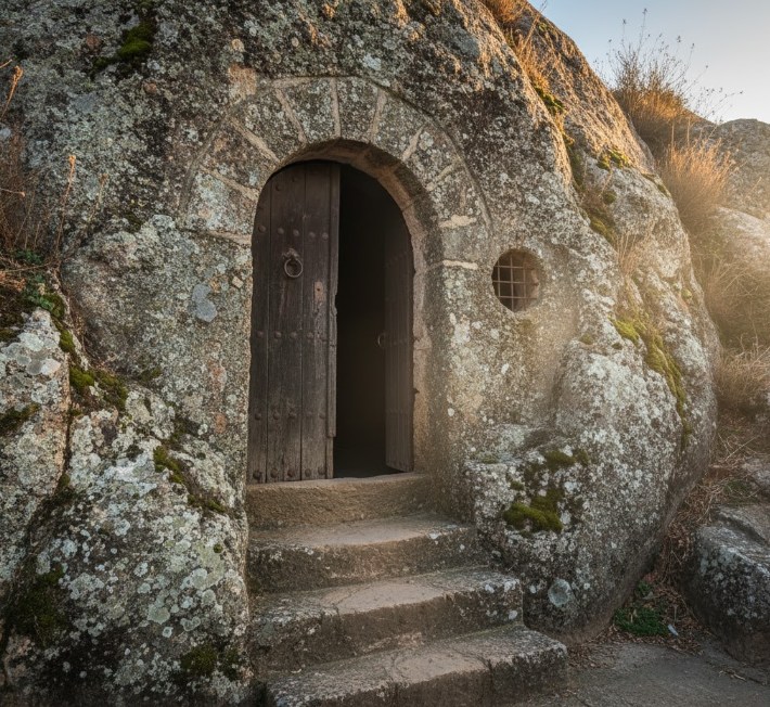 Entrada a bodega subterránea tradicional en Fermoselle: puerta de madera y escalera hacia la galería