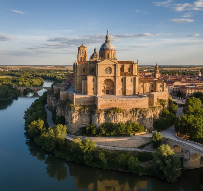 Vista panorámica de la Catedral de Zamora elevándose sobre el río Duero, destacando su fachada románica y el icónico cimborrio de escamas al atardecer.