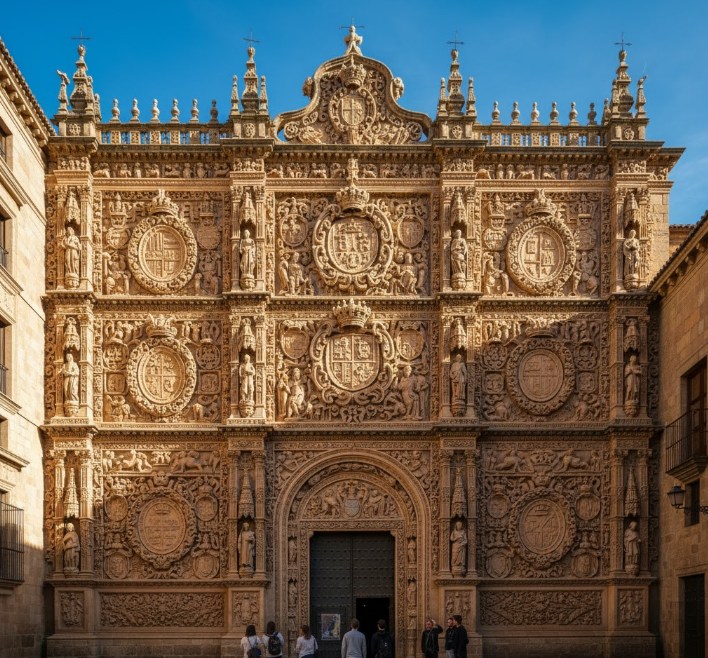 Fachada plateresca de la Universidad de Salamanca con decoración escultórica