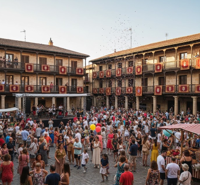 Celebración festiva en la Plaza Mayor de Tordesillas con gente y decoración