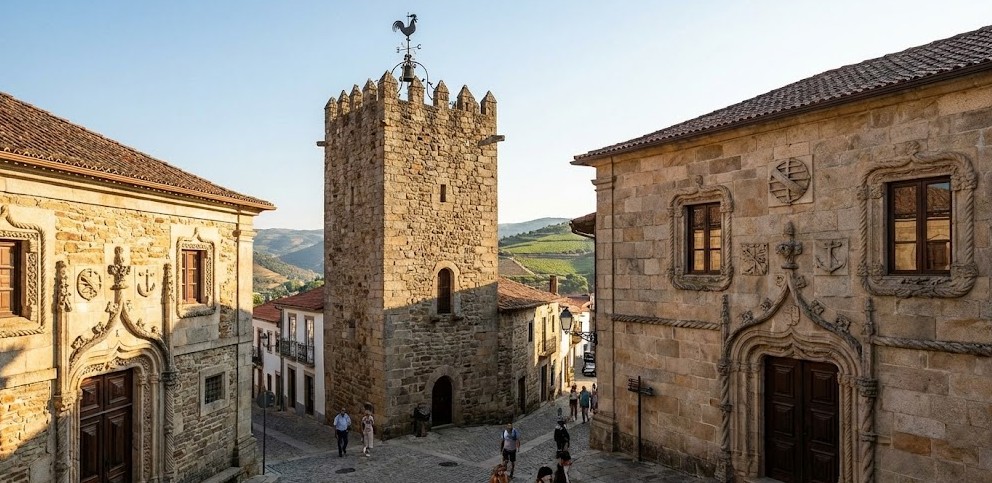 Torre del Gallo y arquitectura manuelina en el centro de Freixo de Espada à Cinta.