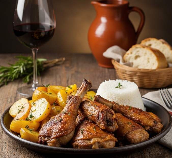 Plato de cabrito asado con patatas y arroz, típico del Douro.