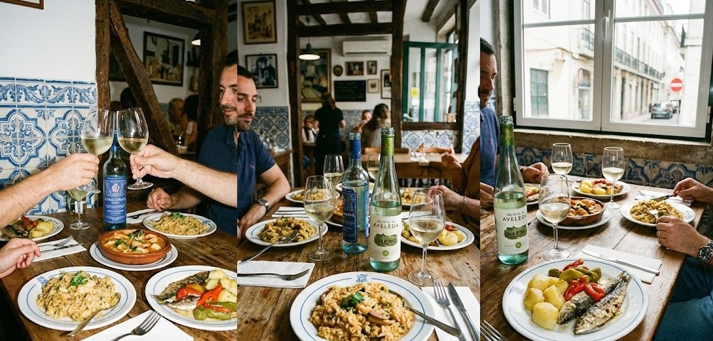 Mesa con platos tradicionales portugueses y vino verde en un restaurante local.
