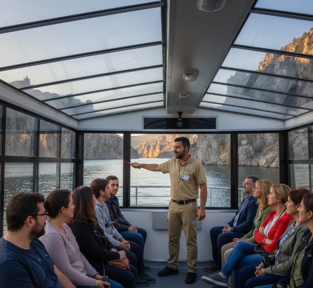 Guía del crucero explicando la fauna del cañón a los pasajeros
