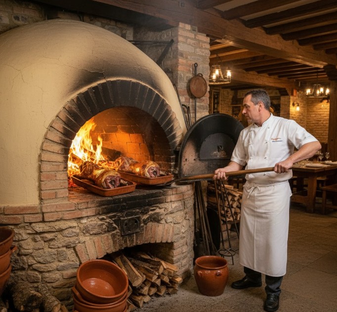 Horno tradicional de adobe y ladrillo calentado con leña, utilizado para asar lechazo en Simancas.