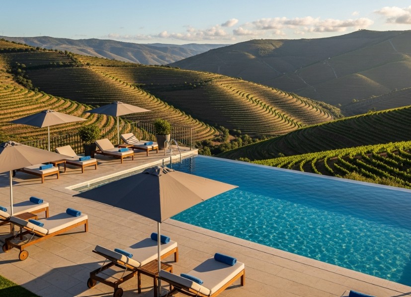 Hotel con terraza y piscina con vistas a los viñedos en Pinhão.