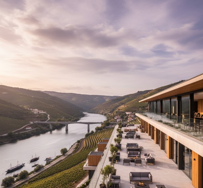 Hotel moderno con terraza y vistas panorámicas al río Duero en Peso da Régua.