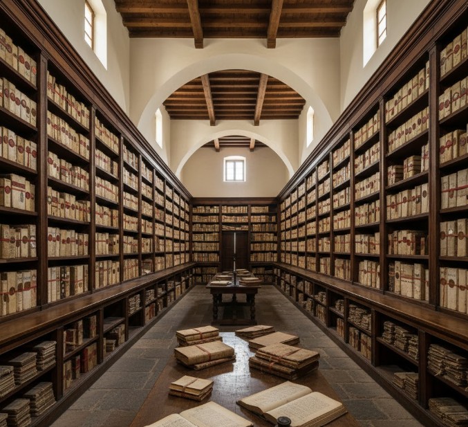 Interior de una sala del Archivo General de Simancas con estanterías de legajos