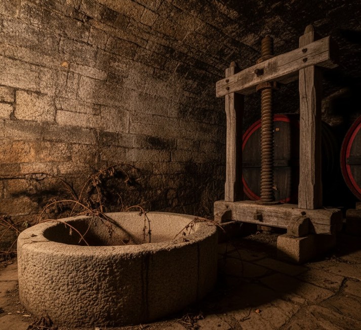 Antiguo lagar de piedra y prensa en bodega subterránea de Fermoselle