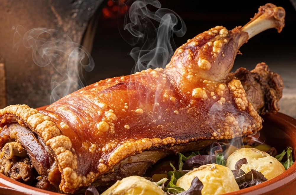 Plato de lechazo asado con guarnición en un restaurante de la Ribera del Duero