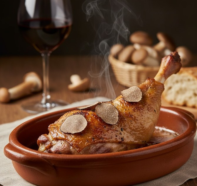 Plato de lechazo asado con trufa negra, gastronomía de Almazán