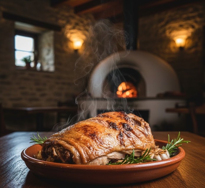 Lechazo asado en plato, crujiente y dorado, plato típico de Castilla.