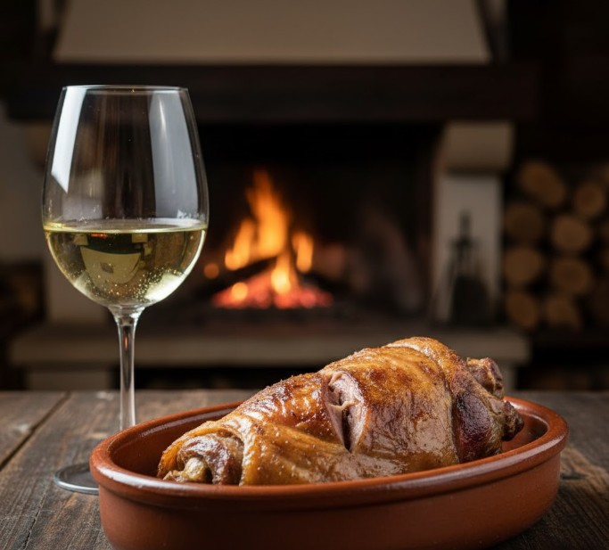 Lechazo asado en cazuela de barro junto a una copa de vino blanco Verdejo D.O. Rueda