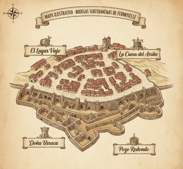 Mapa ilustrativo de las bodegas subterráneas de Fermoselle: El Lagar Viejo, La Cueva del Arribe, Doña Urraca y Pozo Redondo