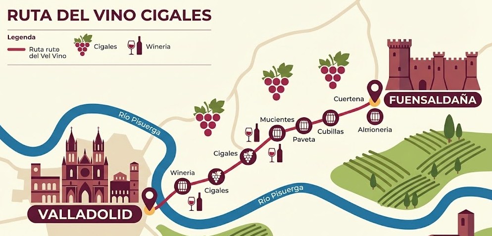 Mapa esquemático de la Ruta del Vino Cigales, indicando los principales pueblos y bodegas.
