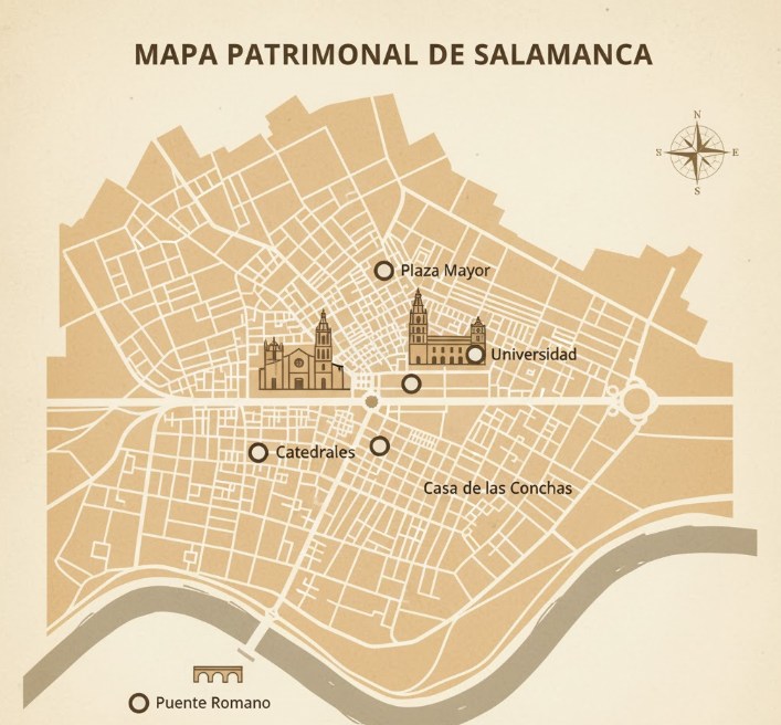 Mapa patrimonial plano de Salamanca con puntos señalados: Plaza Mayor, Universidad, Catedrales, Casa de las Conchas, Puente Romano