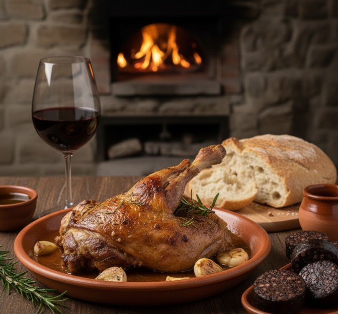 Plato de cordero asado junto a una copa de vino Ribera del Duero y morcilla de Soria.