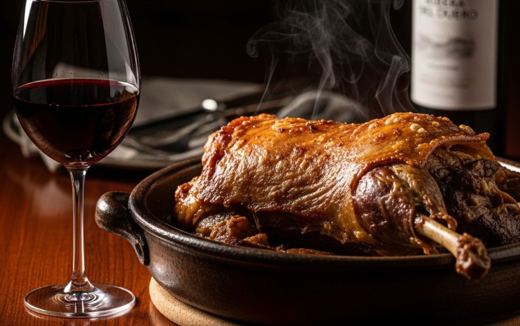 Lechazo asado en cazuela de barro, maridado con un vino tinto Ribera del Duero