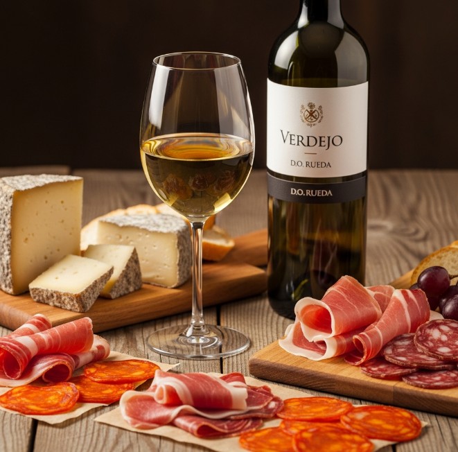 Maridaje de vino blanco Verdejo de Rueda con queso de oveja y embutidos