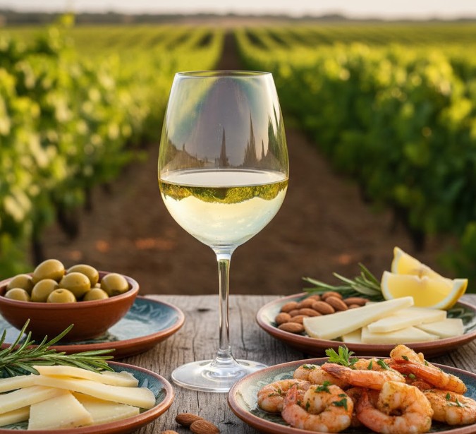Copa de vino Verdejo de Rueda maridada con aperitivos.