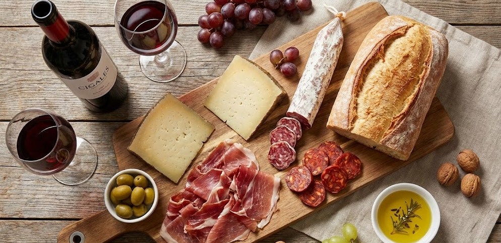 Mesa de maridaje con productos típicos de Castilla y León y vinos de Cigales.