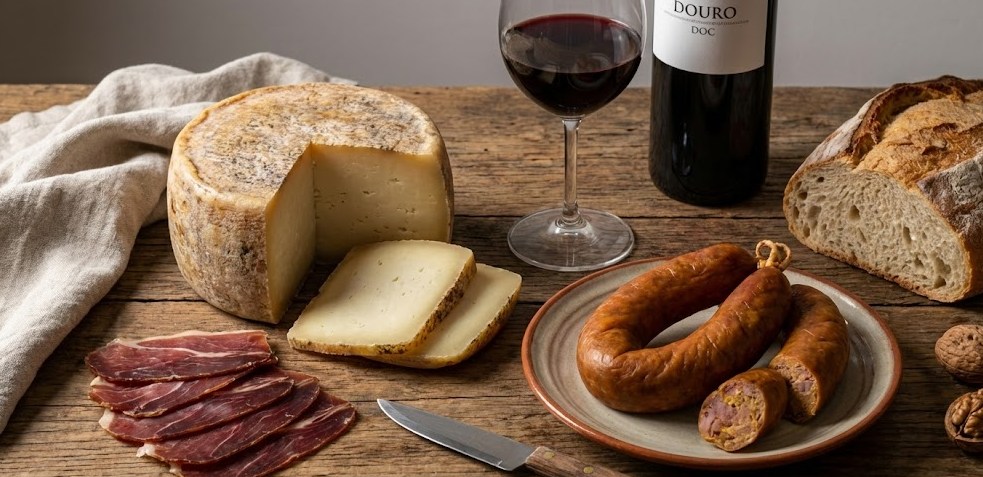 Mesa con productos típicos de Trás-os-Montes: quesos, embutidos y vino.