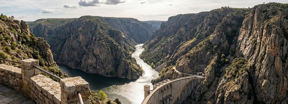 Vista panorámica del cañón del Duero y la presa desde el Mirador de Picón de Felipe.
