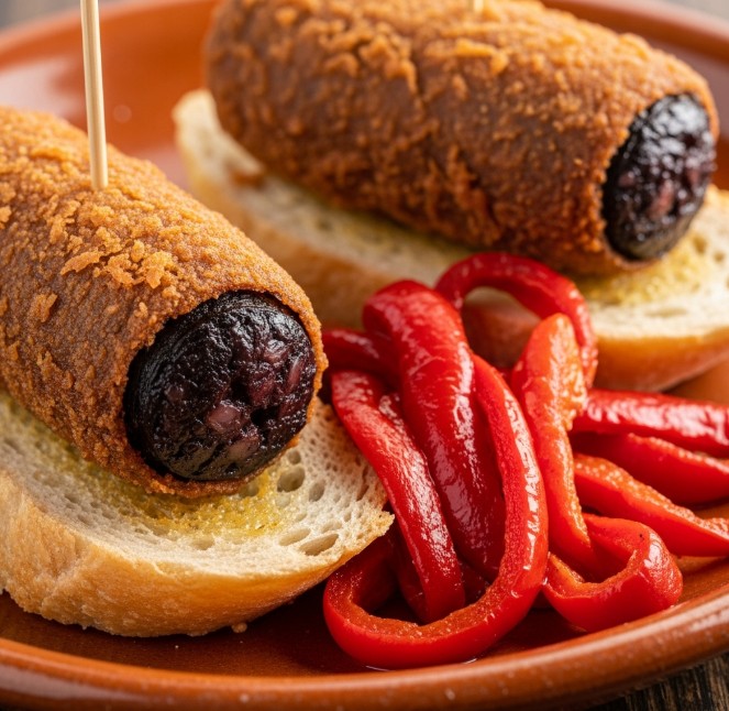 Tapa de morcilla de Burgos frita con pimientos