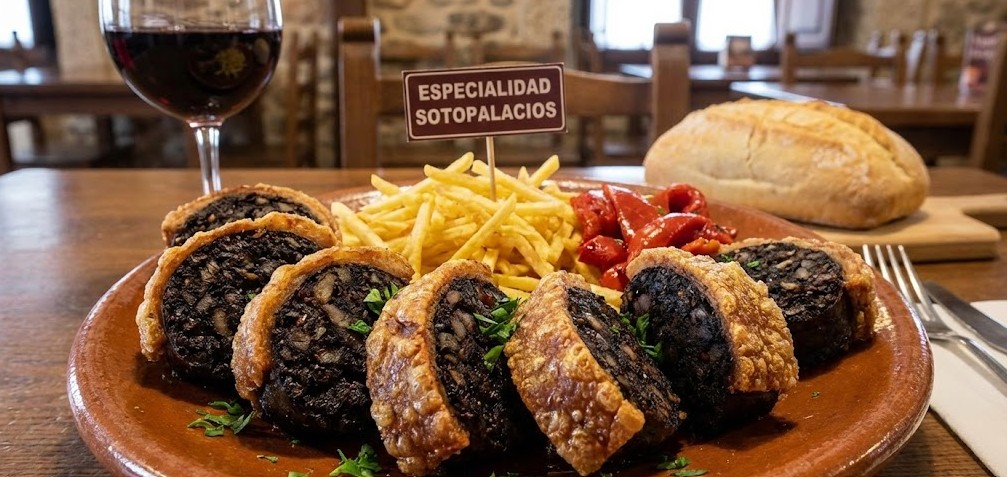 Ración de morcilla de Burgos frita y crujiente, especialidad de Sotopalacios.