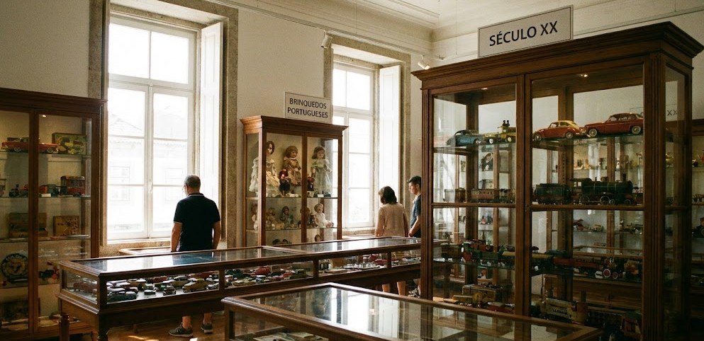 Interior del Museo del Juguete de Valongo con vitrinas de juguetes antiguos.