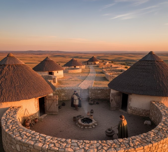 Reconstrucción de casas celtibéricas en el yacimiento arqueológico de Numancia.