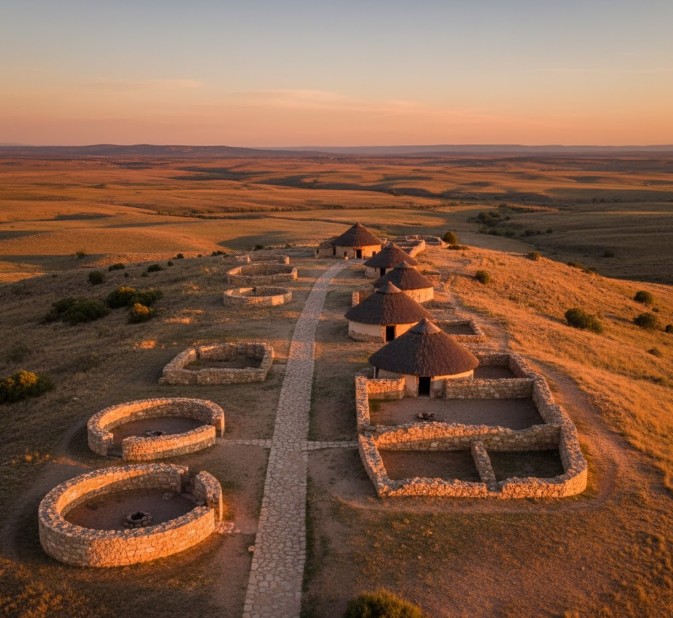 Vista panorámica de las ruinas de Numancia y las casas celtibéricas reconstruidas.