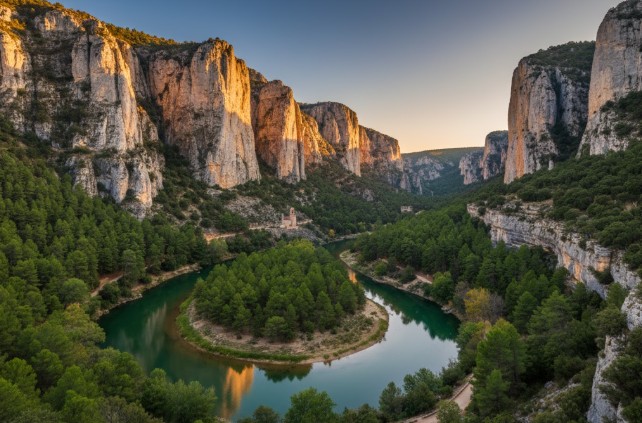 Panorámica del Cañón del Río Lobos con sus acantilados kársticos y el río
